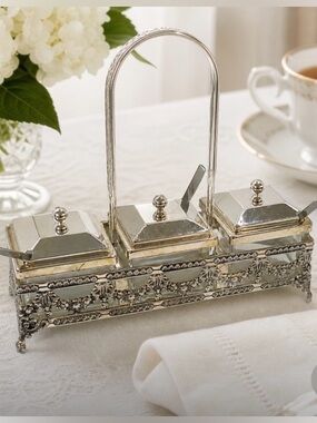 Studio Sliversmiths 3 Jar Condiment Set Silverplate Glass w/ Spoons Ornate Caddy